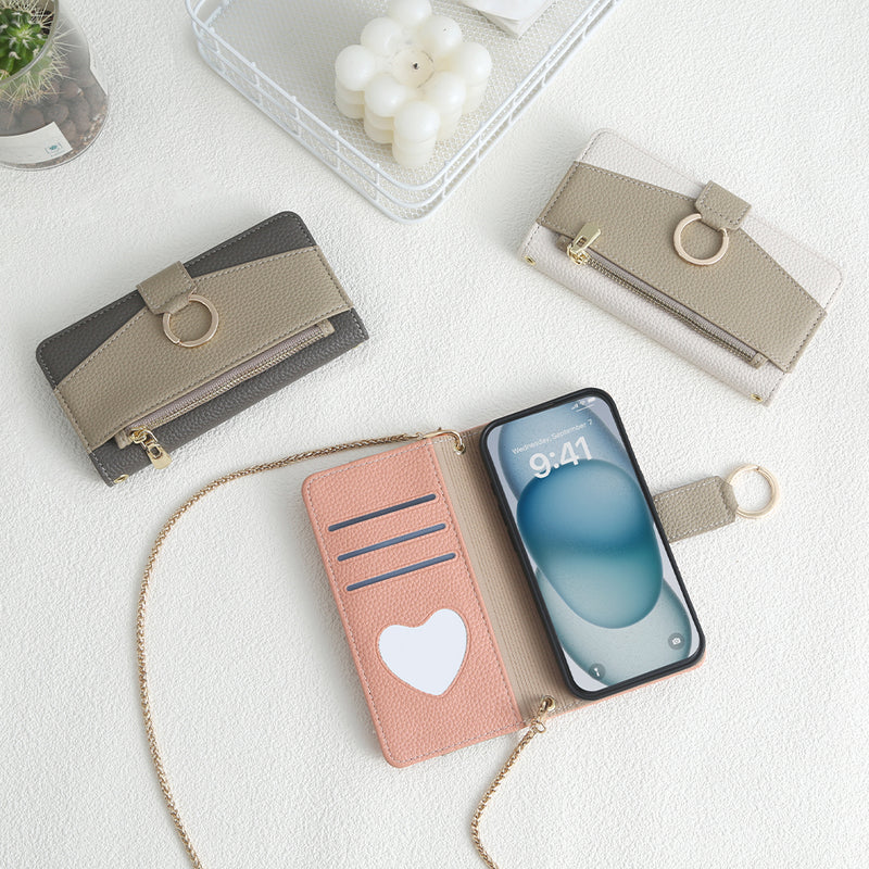 Personalized Wallet Case for iPhone 15/15 Pro ,Luxury Litchi Leather Bag Custom Design,Crossbody Zipper Purse Flip Card Pouch Cover with Long Shoulder Strap