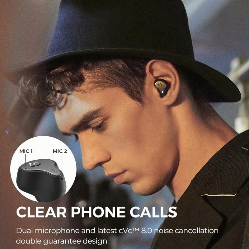 Model is wearing H1. Thanks to dual mic and cVc noise cancellation tech, H1 provides a crystal clear call.